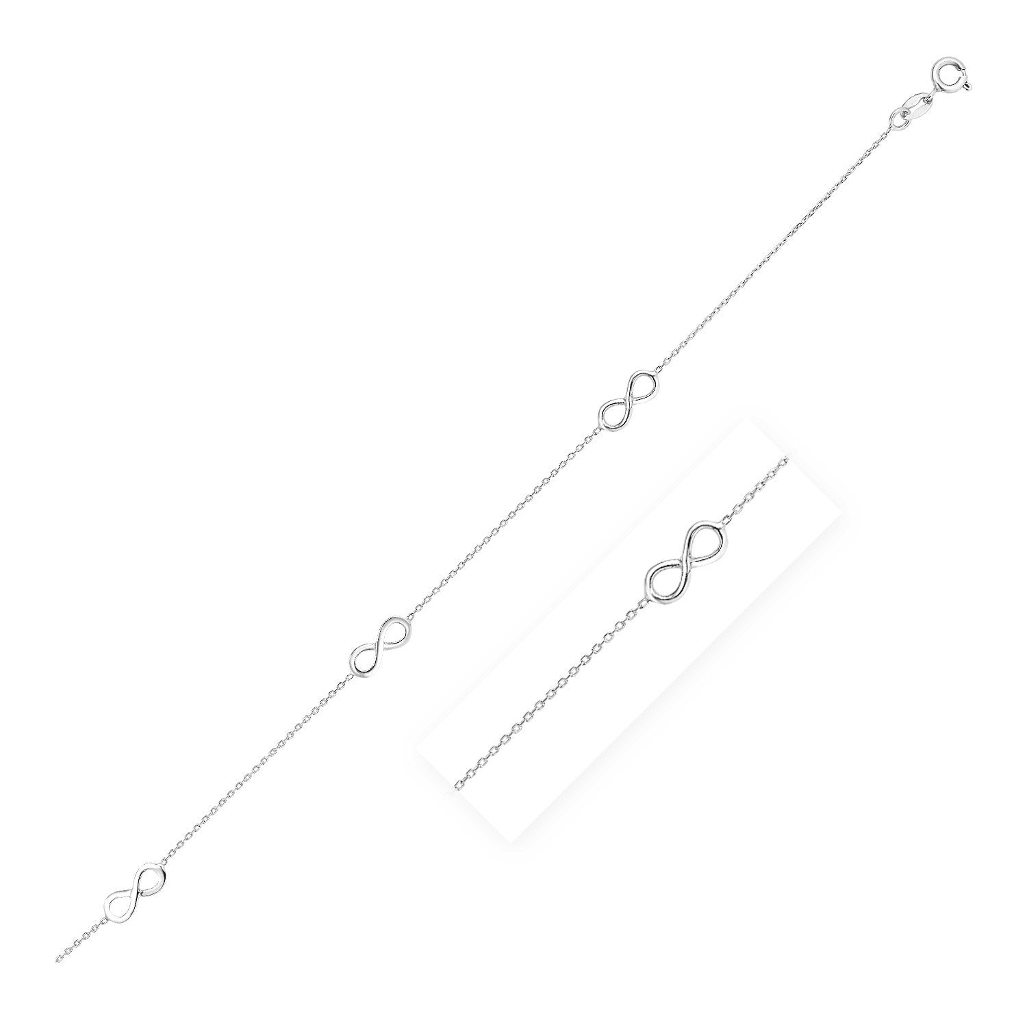 Sterling silver anklet with three infinity symbols and a spring ring clasp.