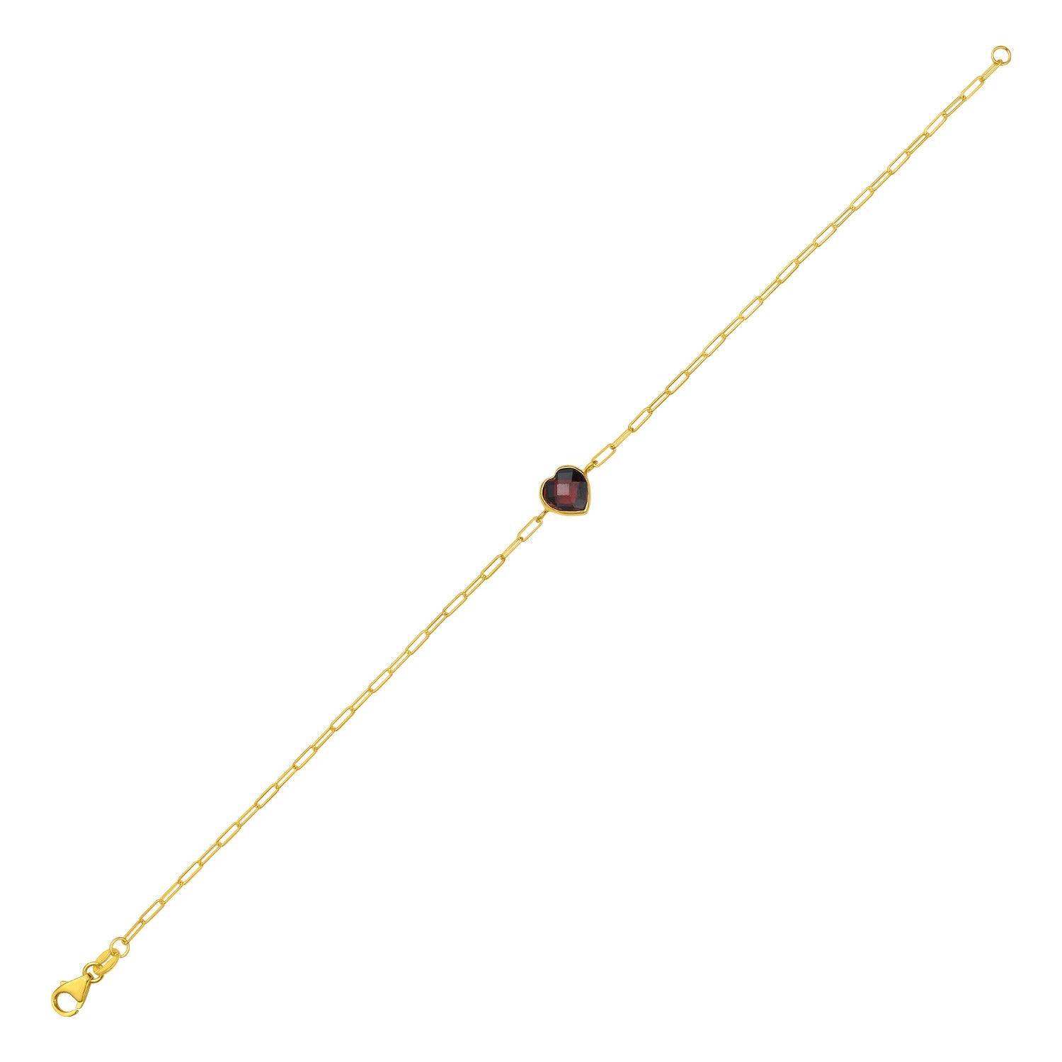14K yellow gold link bracelet with a bezel-set garnet heart.