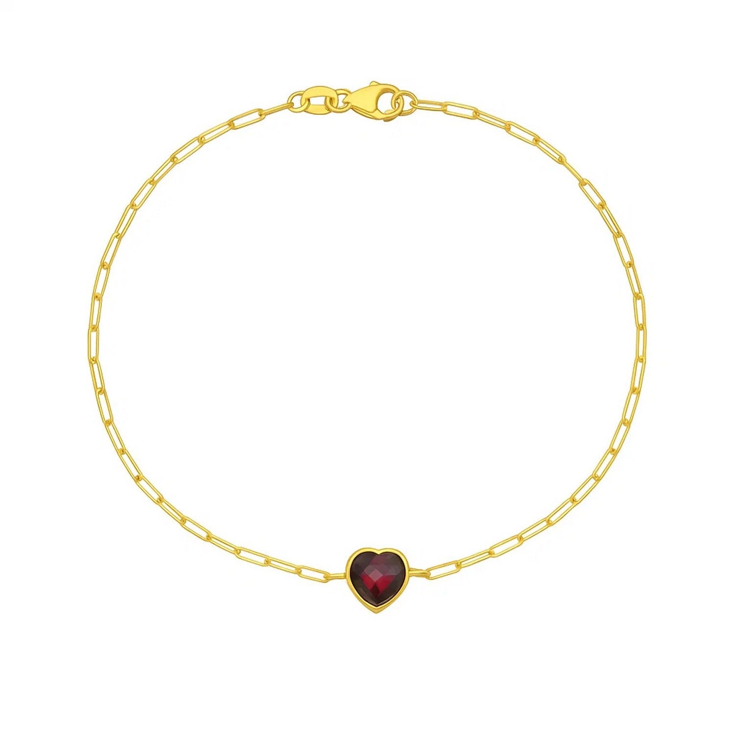 14K yellow gold link bracelet with a bezel-set garnet heart.