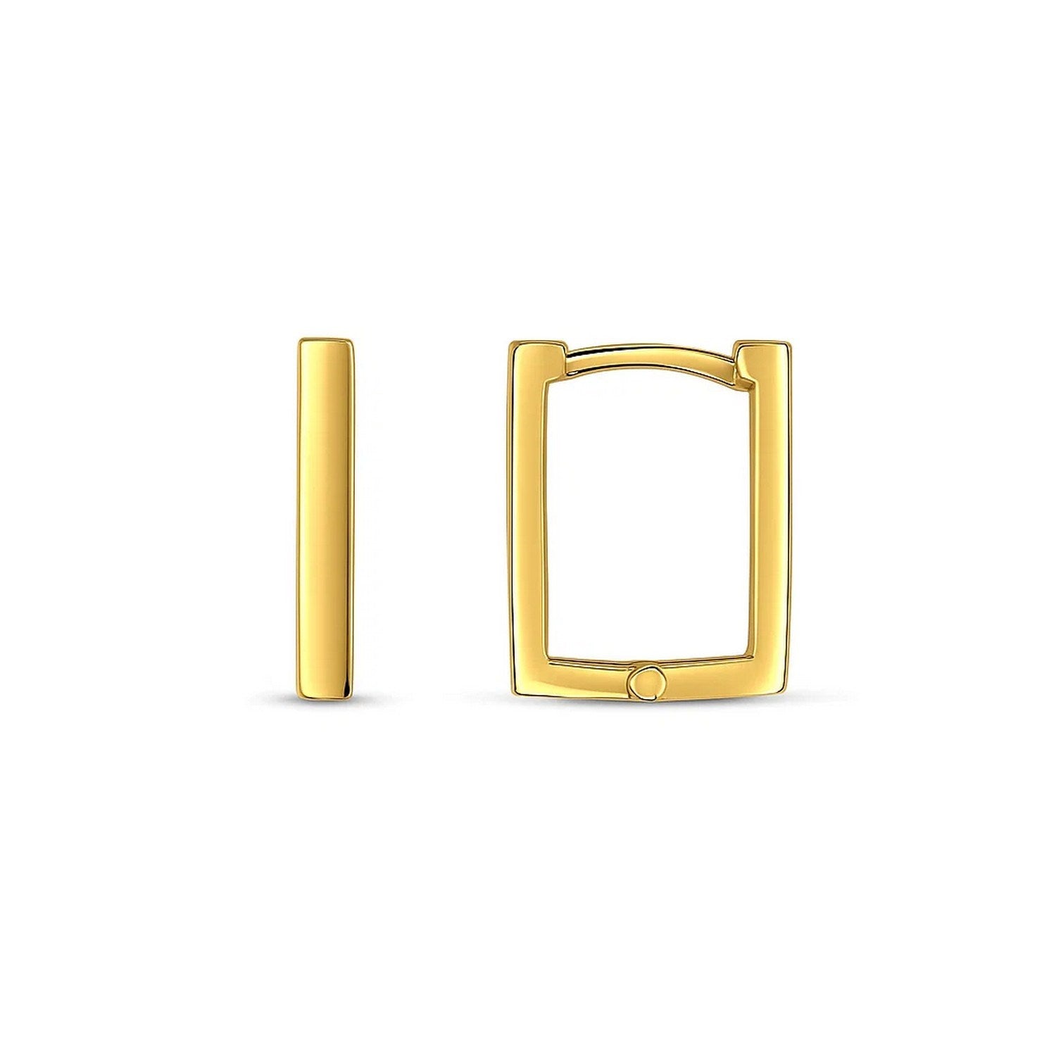 14k yellow gold rectangular huggie hoop earrings with a high polish finish.