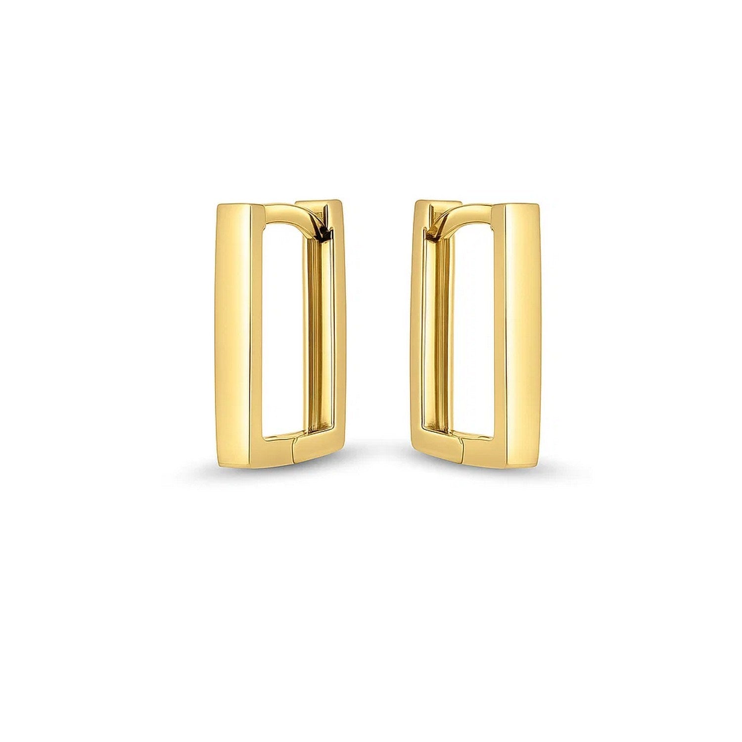 14k yellow gold rectangular huggie hoop earrings with a high polish finish.