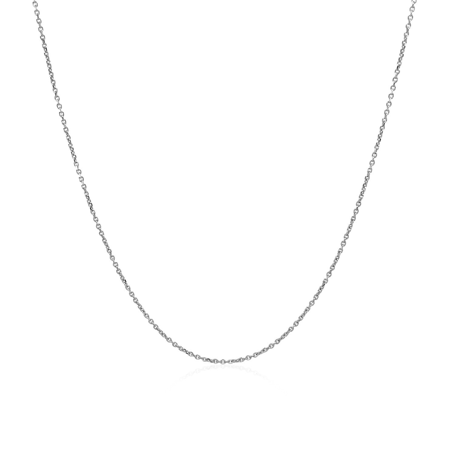 A delicate 10k white gold cable link chain, 0.50 mm wide, with a subtle reflection.