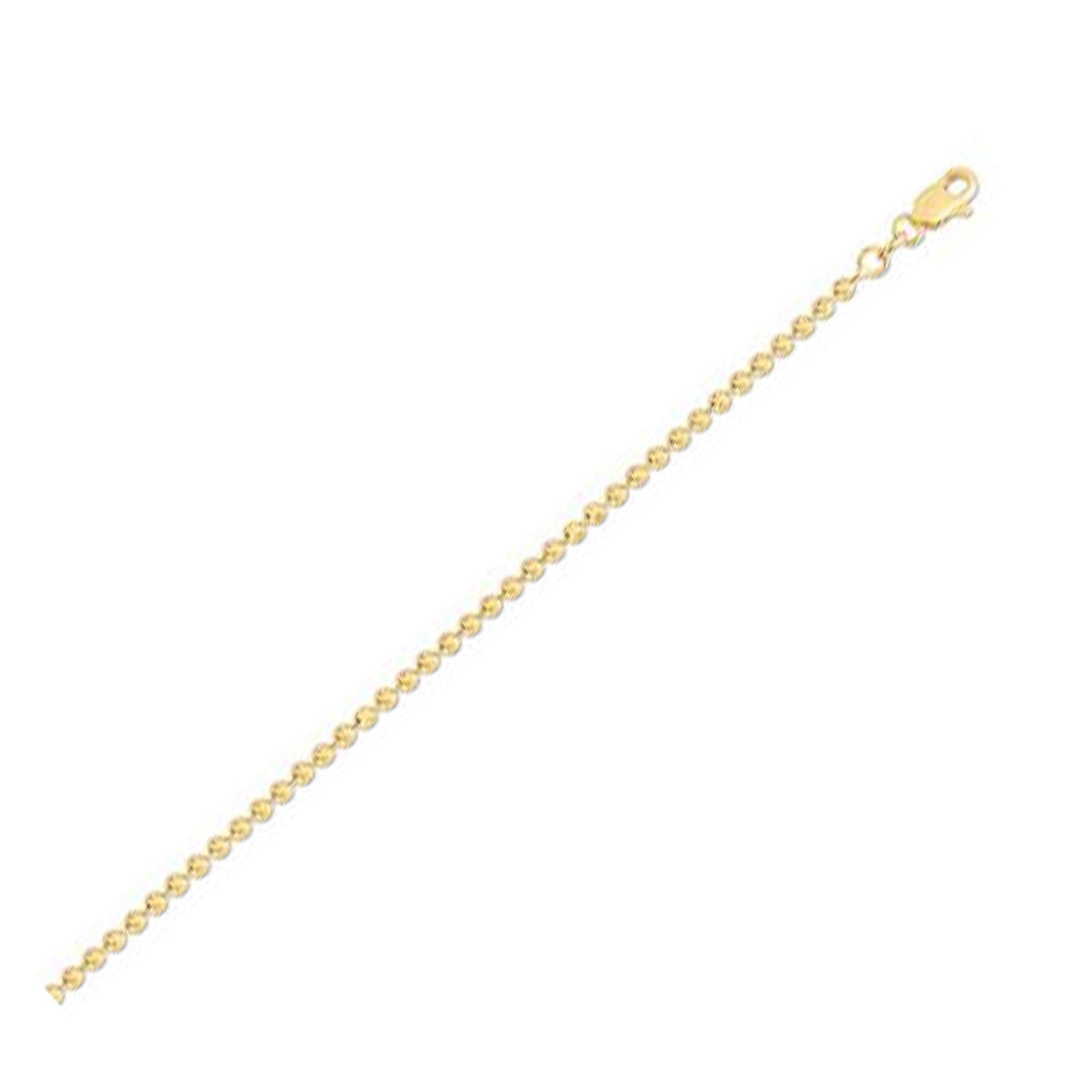 A 14k yellow gold moon cut bead chain with a lobster clasp.
