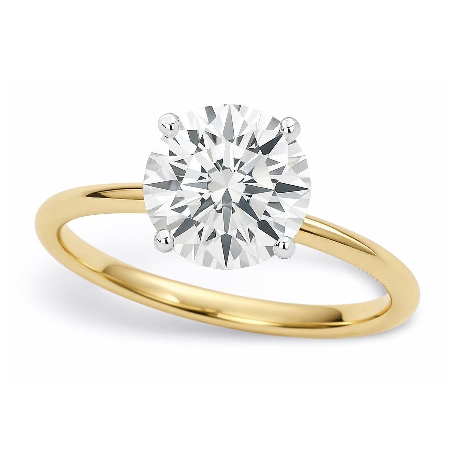 A round lab-grown diamond solitaire ring in 14K yellow gold.