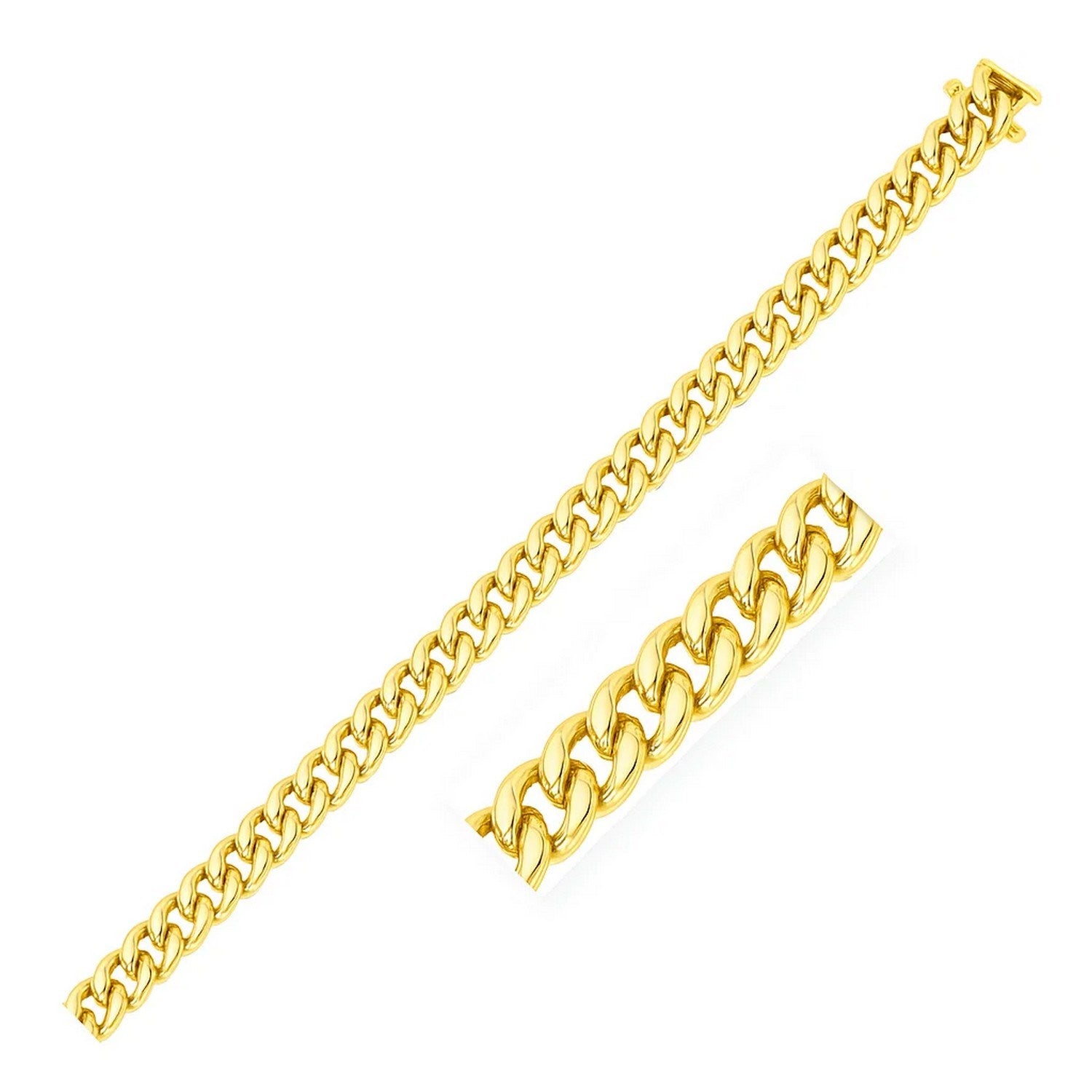 14k yellow gold classic Miami Cuban solid bracelet with a box clasp.