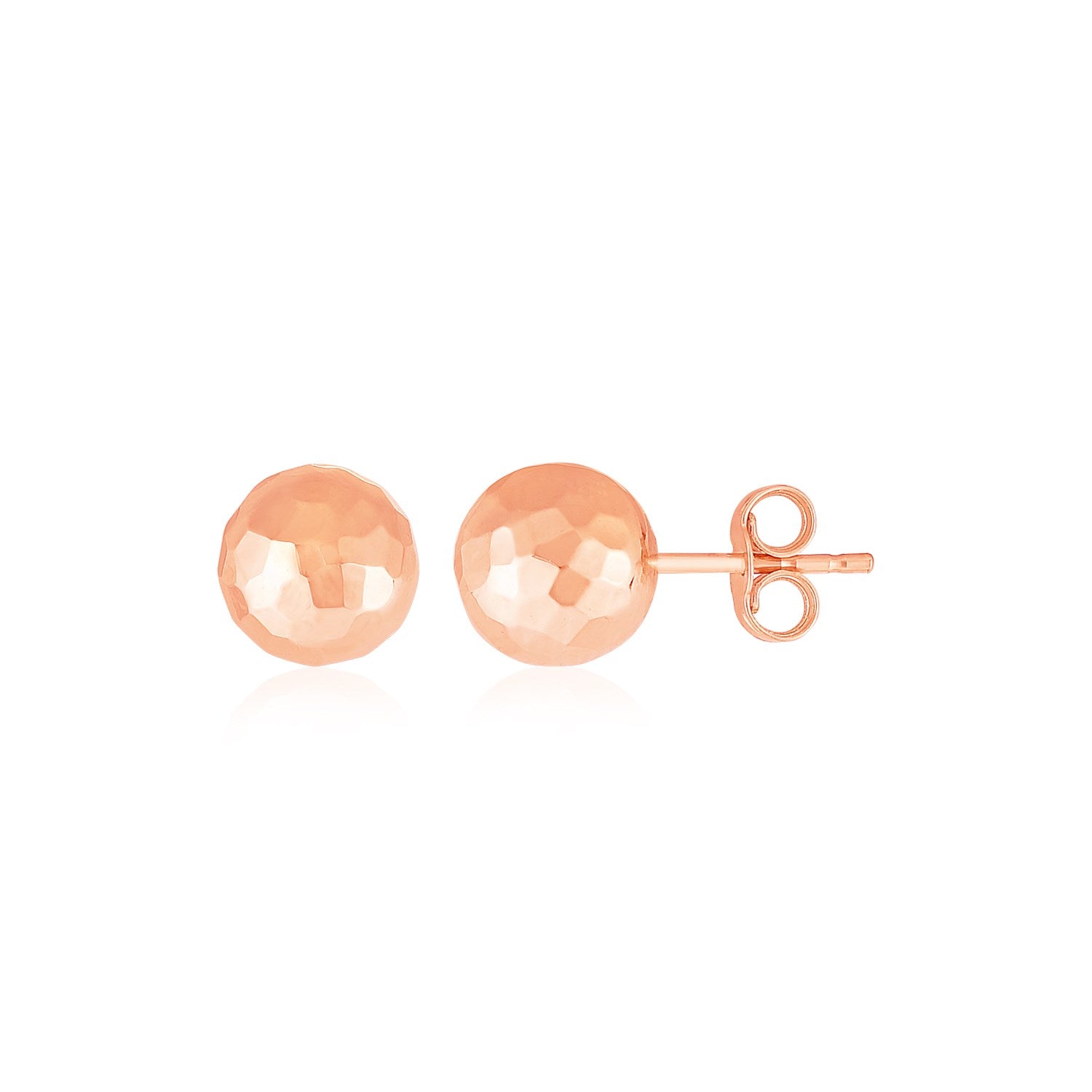 A pair of 14k rose gold faceted ball stud earrings with pushback clasps.