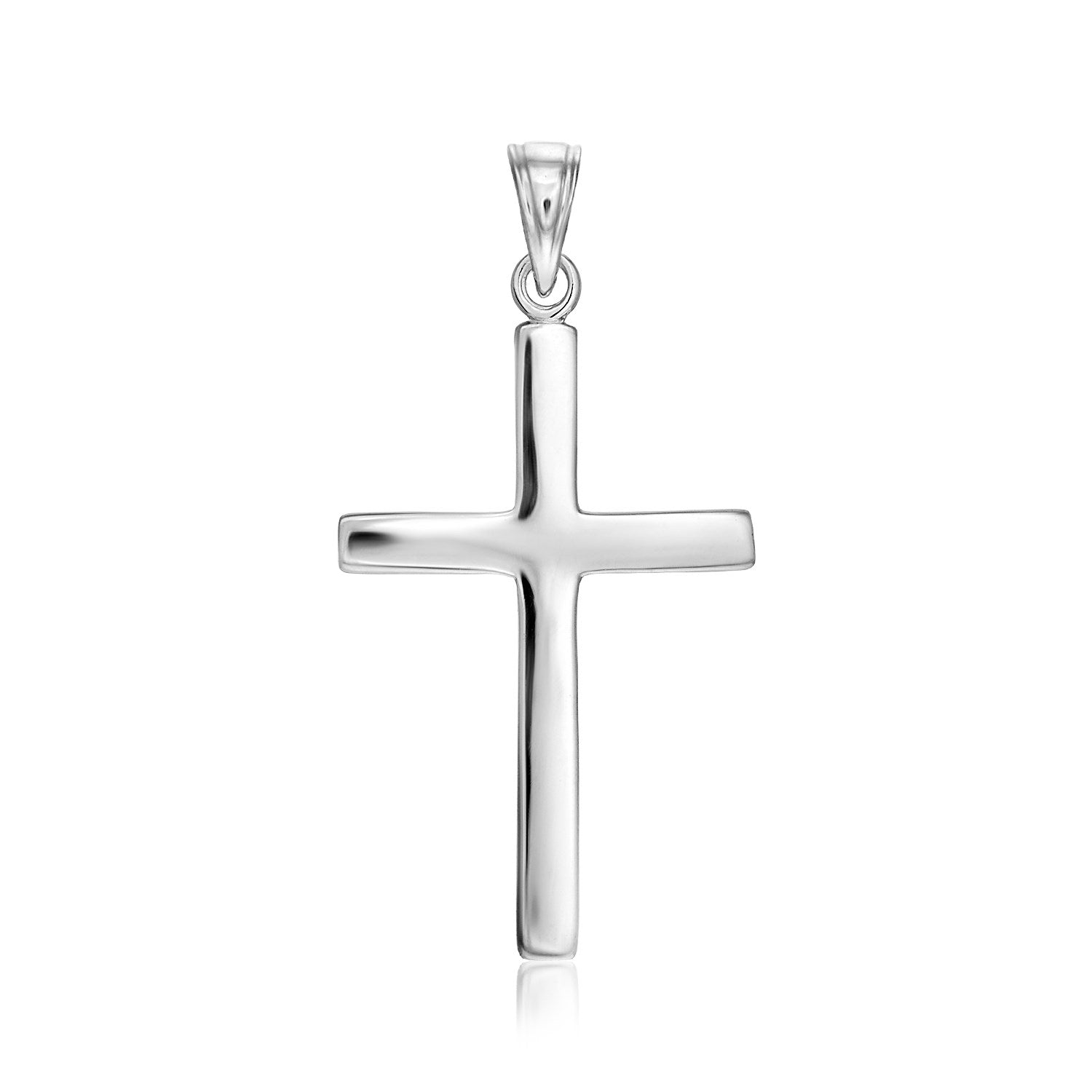 Sterling silver polished cross pendant with a smooth, reflective surface.