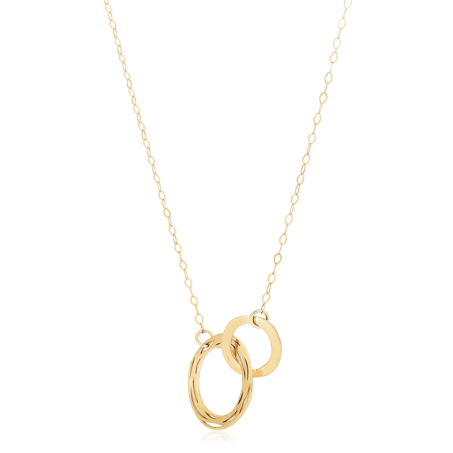 14k yellow gold necklace with two interlocking circles on a delicate chain.