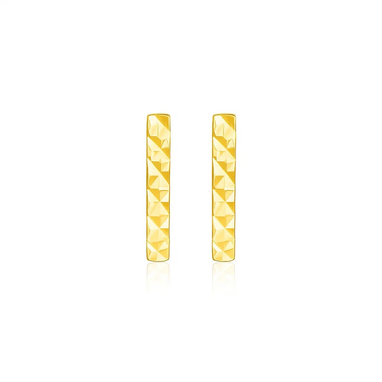 14k yellow gold textured bar earrings with a reflective surface.