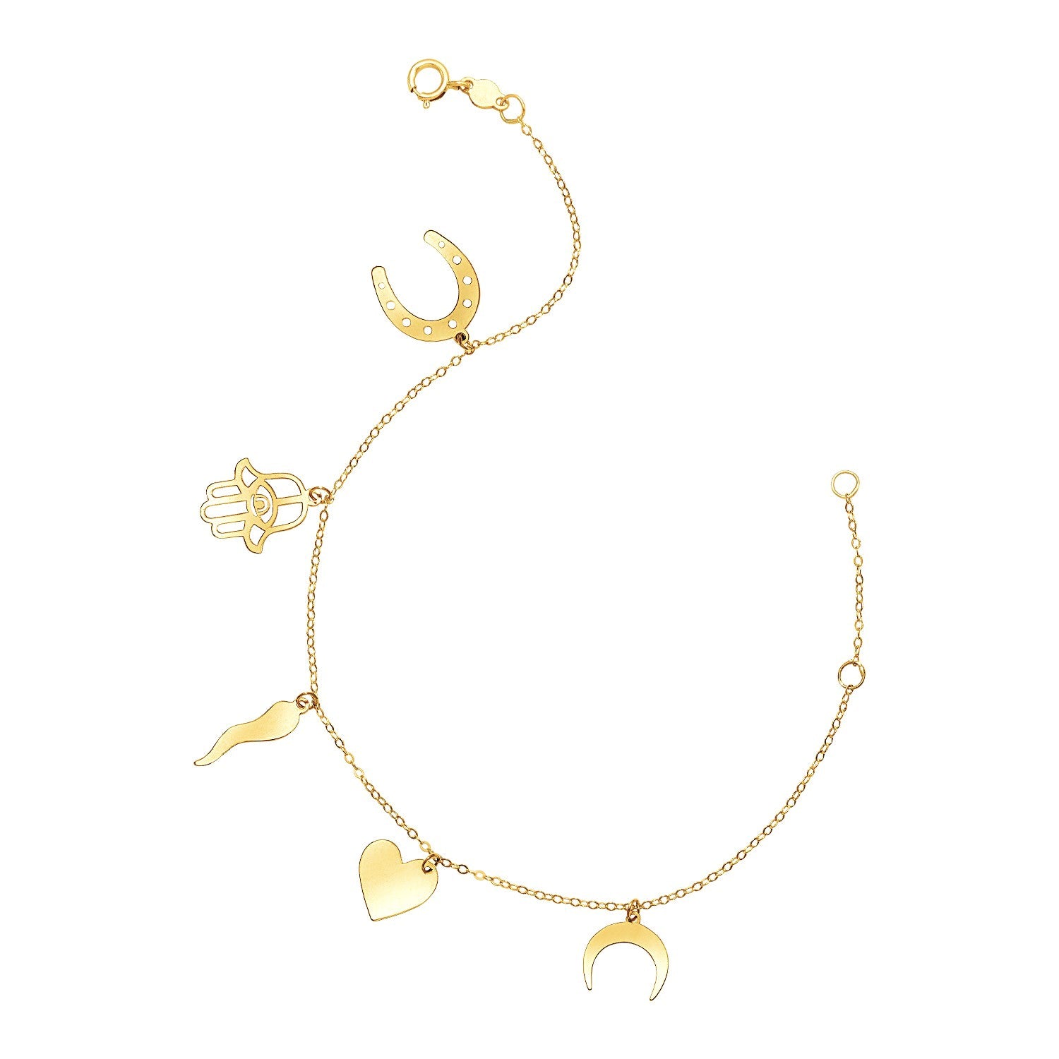 14k yellow gold 7-inch bracelet with a horseshoe, hamsa, horn, heart, and crescent moon charms.
