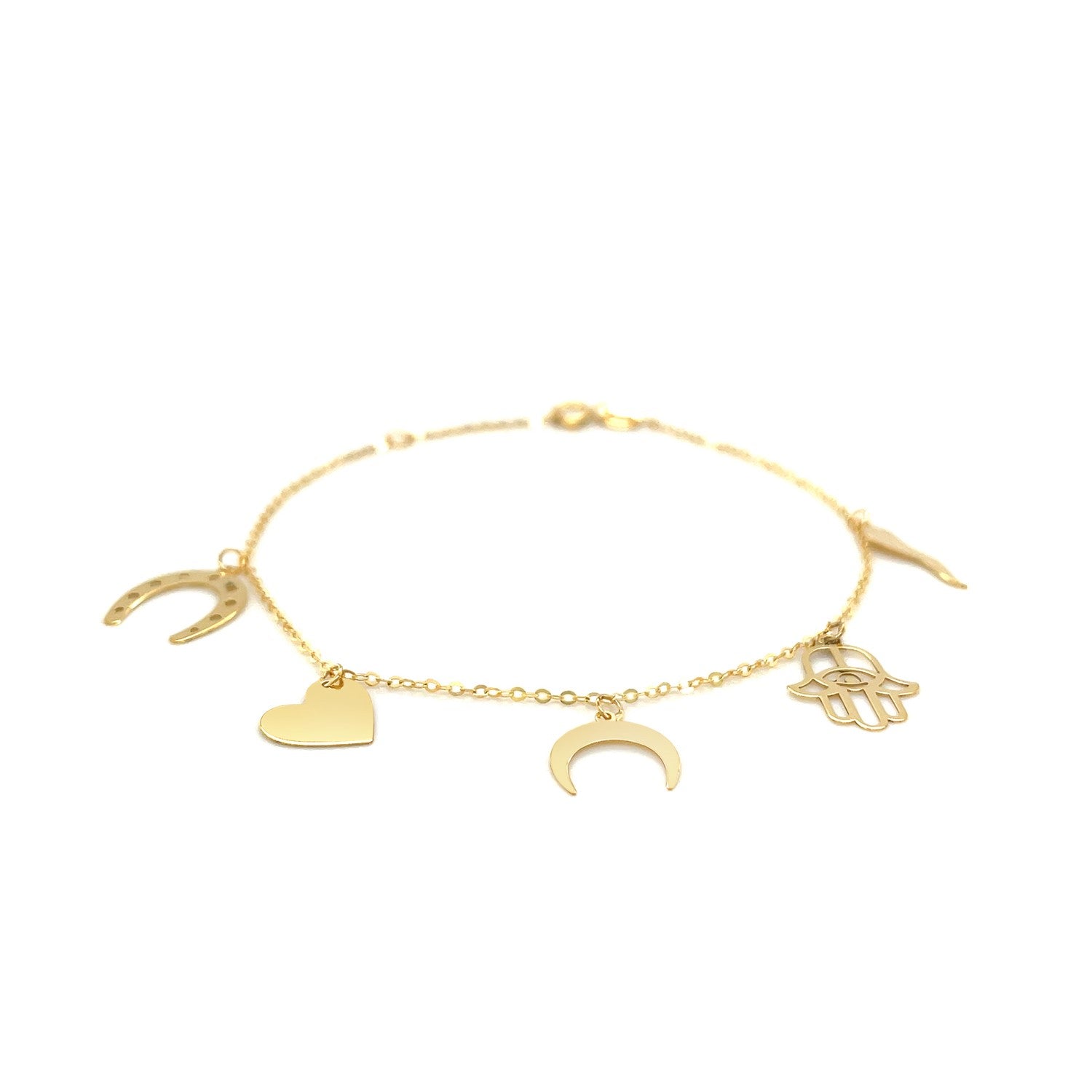14k yellow gold bracelet with horseshoe, heart, crescent moon, and Hamsa charms.