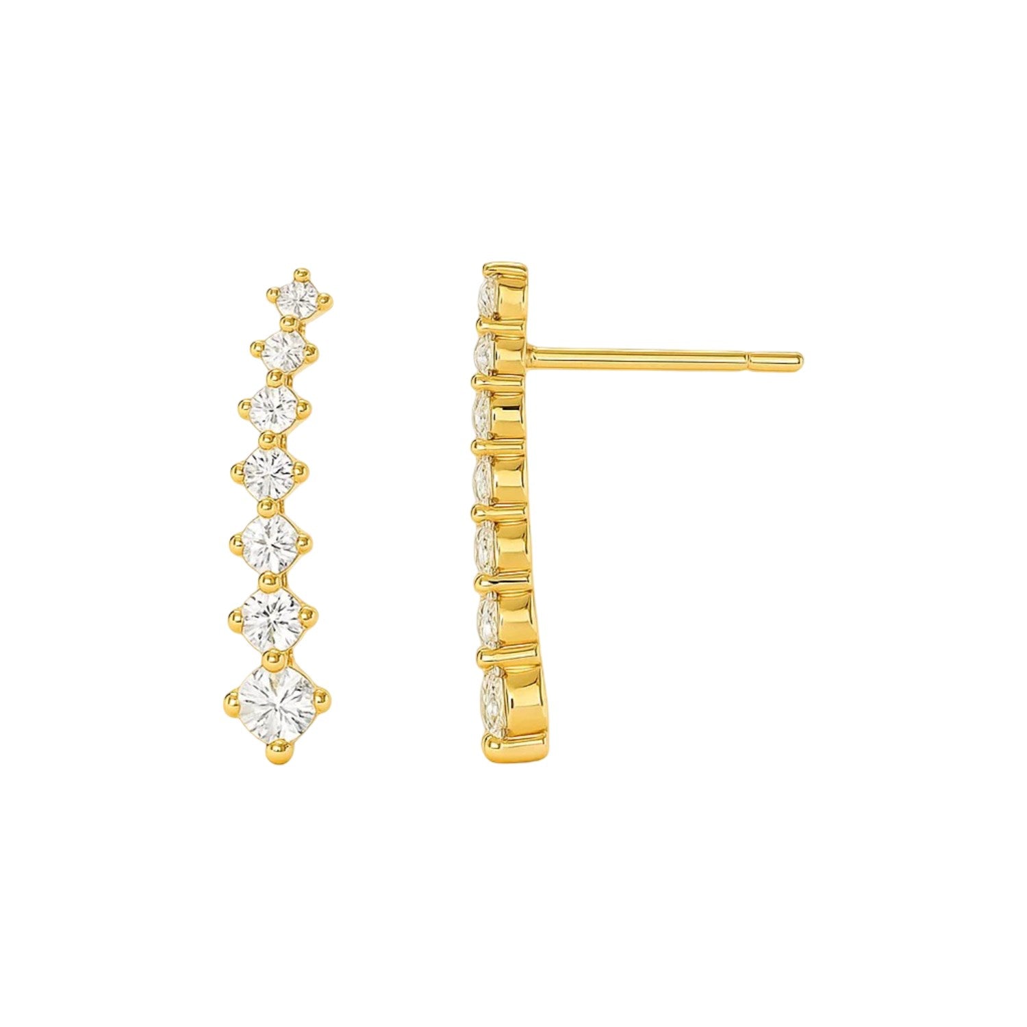 14k yellow gold climber post earrings with seven round cubic zirconias each.
