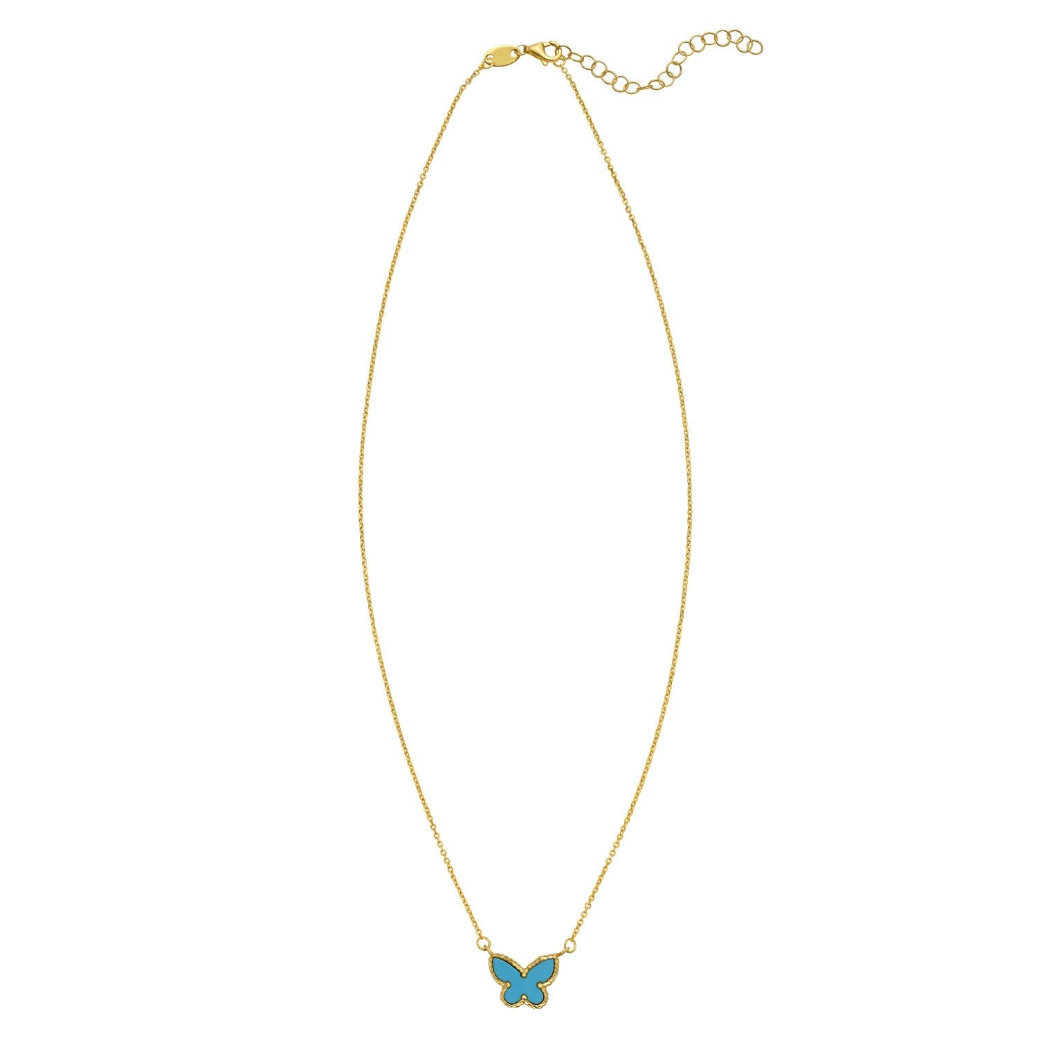 14K yellow gold necklace with a turquoise butterfly pendant.