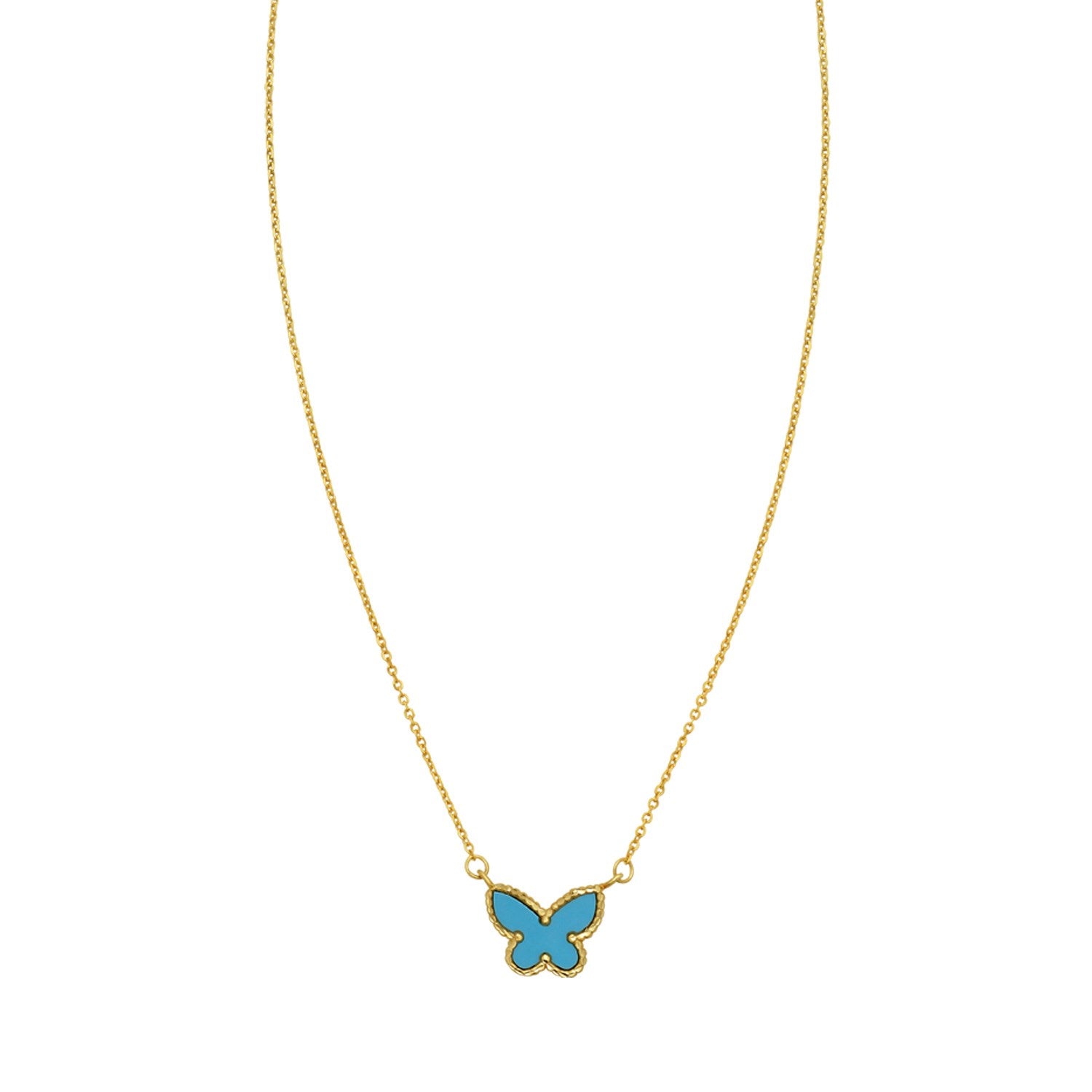 A 14K yellow gold necklace features a turquoise butterfly pendant.