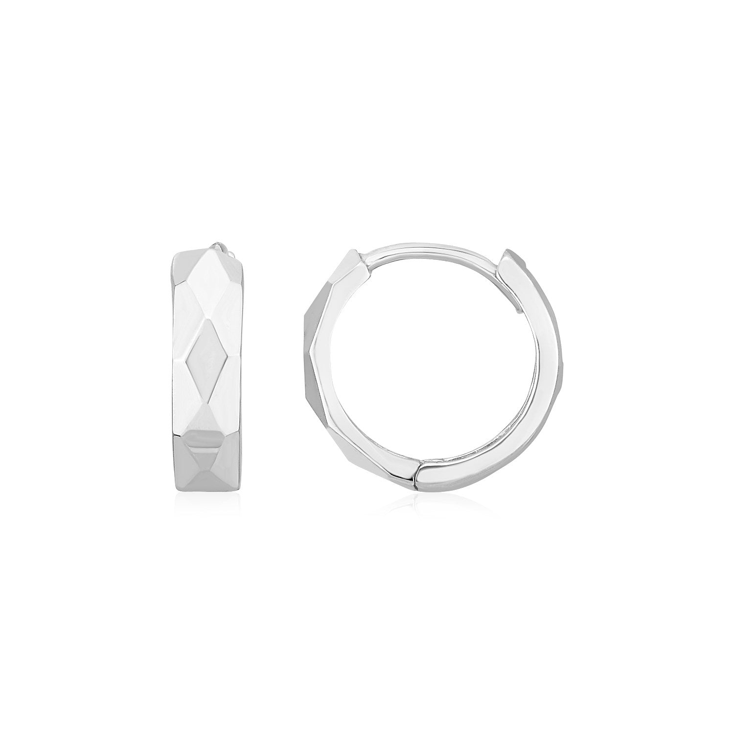 14K white gold faceted huggie earrings with a diamond motif.