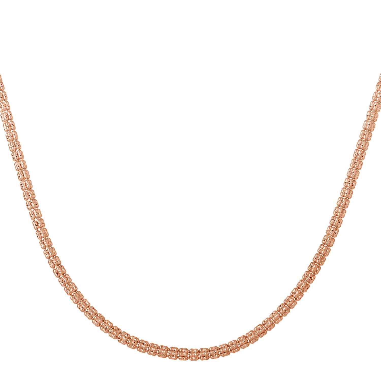 A rose gold ice barrel chain, 3.1 mm wide, is draped in a U-shape.
