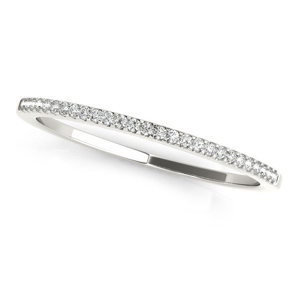 14k white gold slim wedding band with round pave set diamonds.
