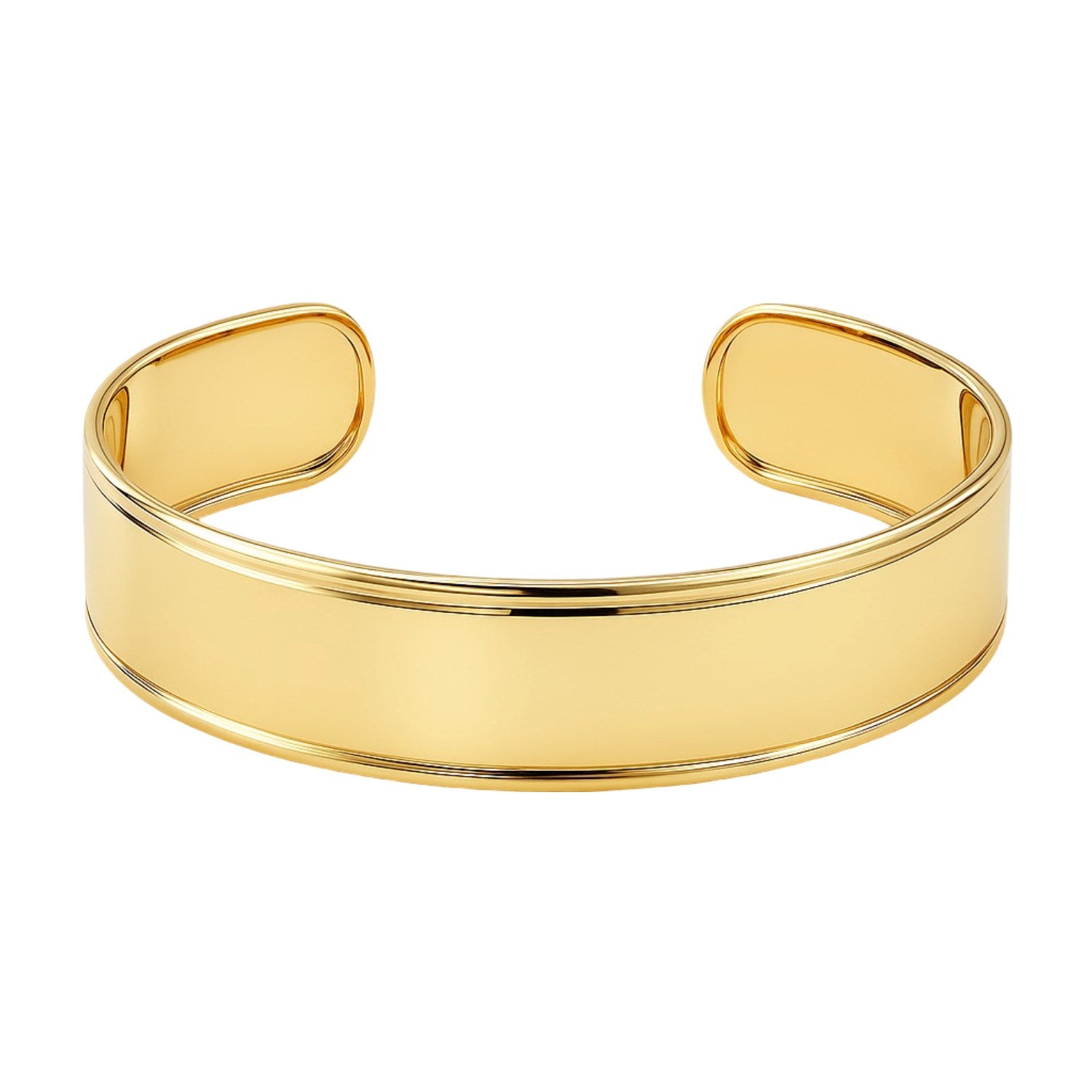A polished 14K yellow gold cuff bangle with a wide, open design.