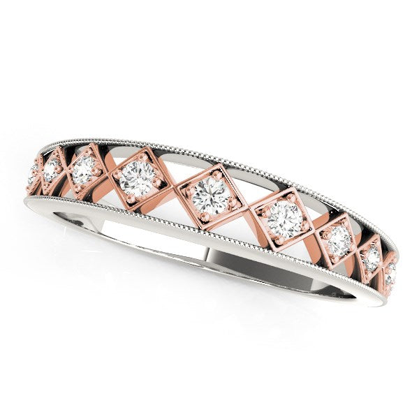 14k white and rose gold diamond wedding band with milgrain edges.