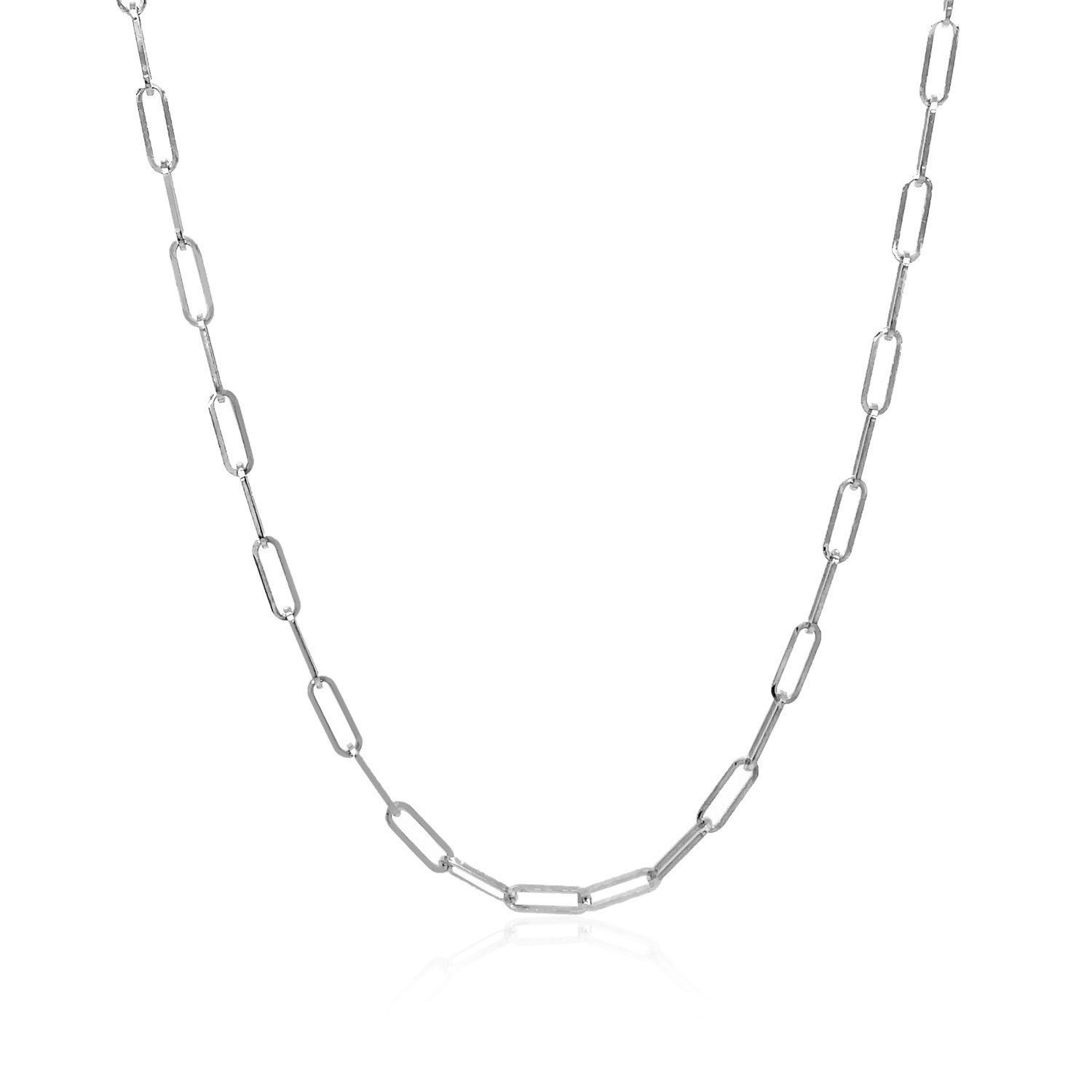 A delicate 14K white gold paperclip chain with polished oval links.