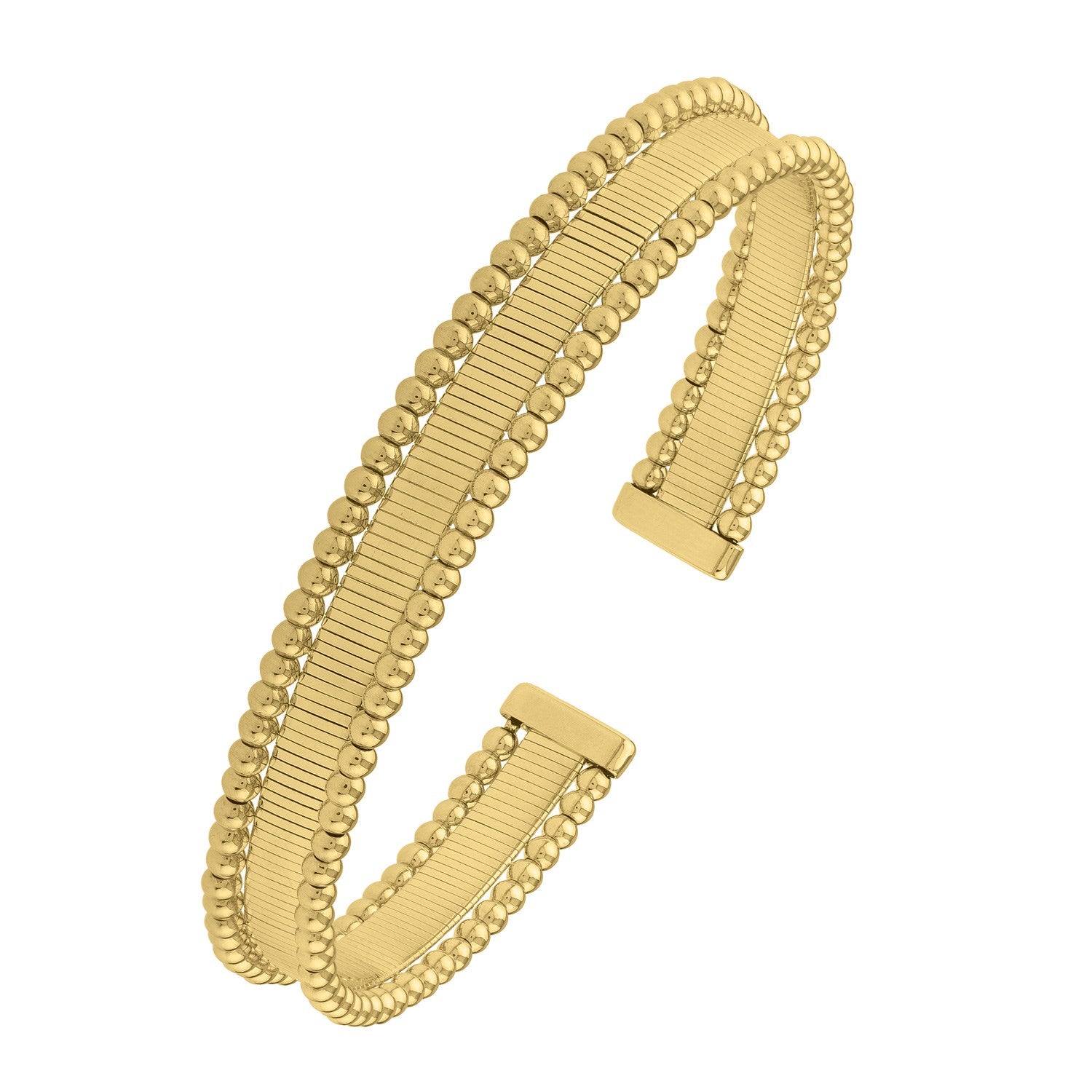 14K yellow gold cuff bangle with a smooth surface and beaded edges.