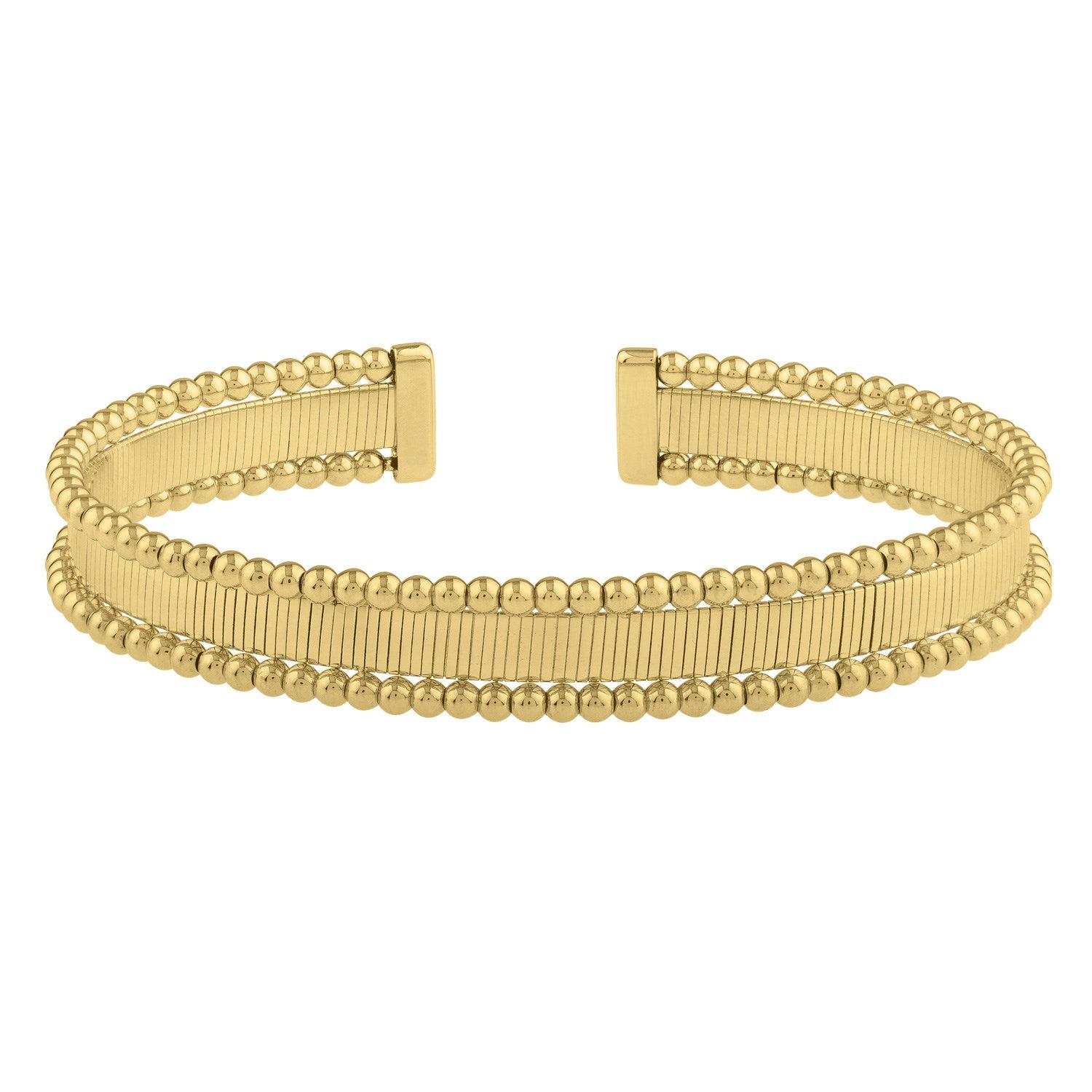 A 14K yellow gold cuff bangle with a smooth, ribbed surface and beaded edges.