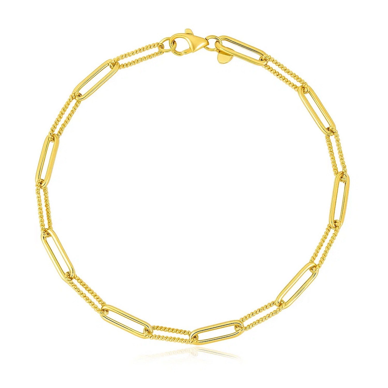 14k yellow gold alternating bead paperclip bracelet with a lobster clasp.
