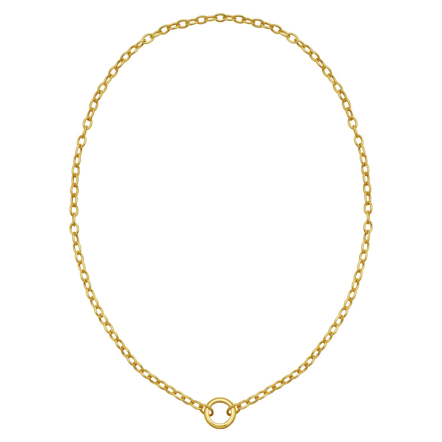 14K yellow gold link chain necklace with a polished circle push lock clasp.