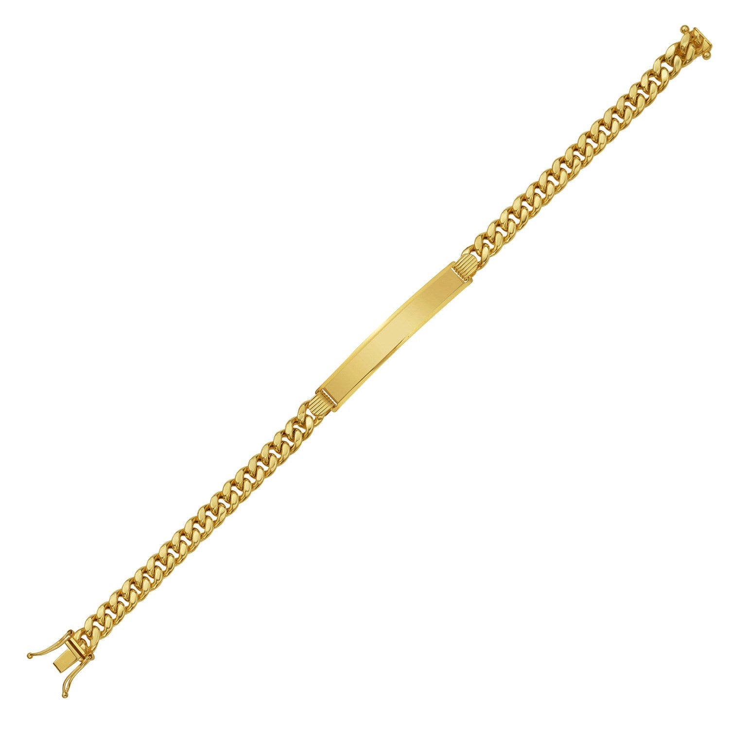 A 14K yellow gold lite Cuban ID bracelet with a polished engravable plate.