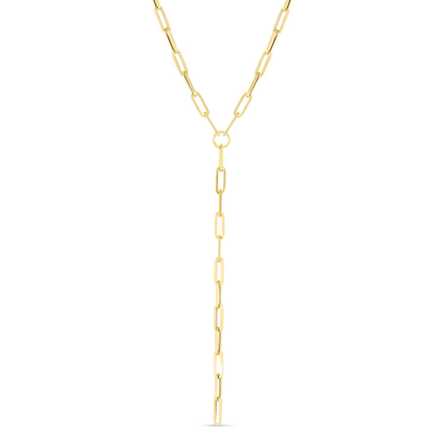 14k yellow gold paperclip chain lariat necklace with a cascading drop design.