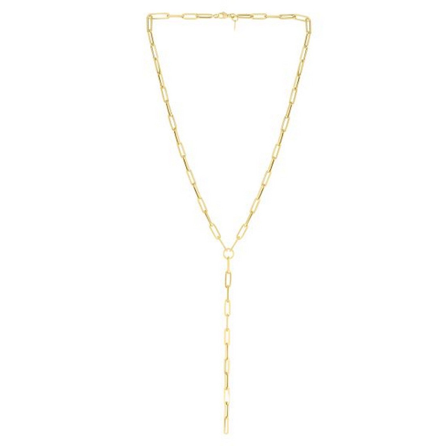 14k yellow gold paperclip chain lariat necklace with a lobster clasp.