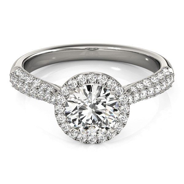 14k white gold halo diamond engagement ring with a pave band.