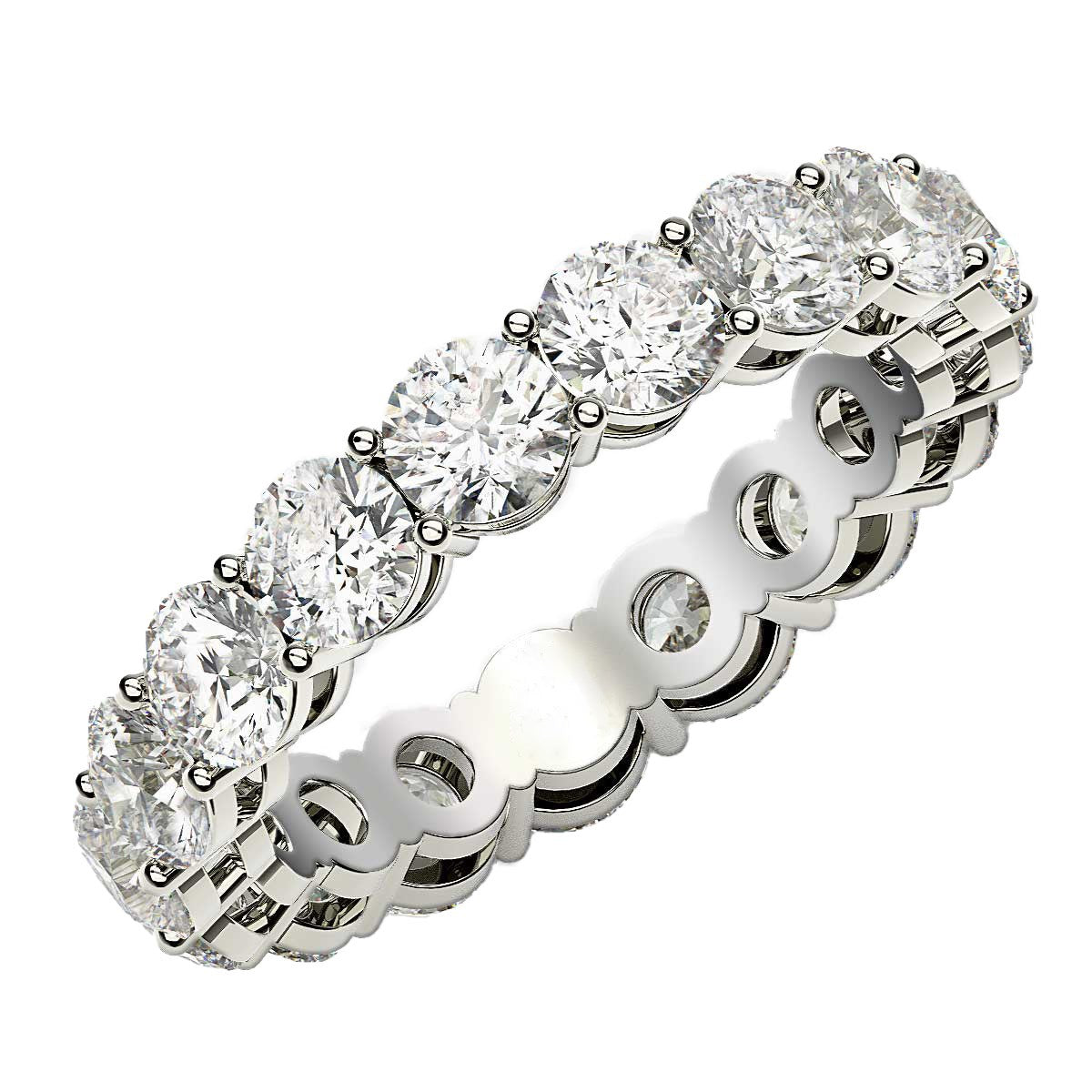 Round cut lab grown diamond eternity ring in 14k white gold.