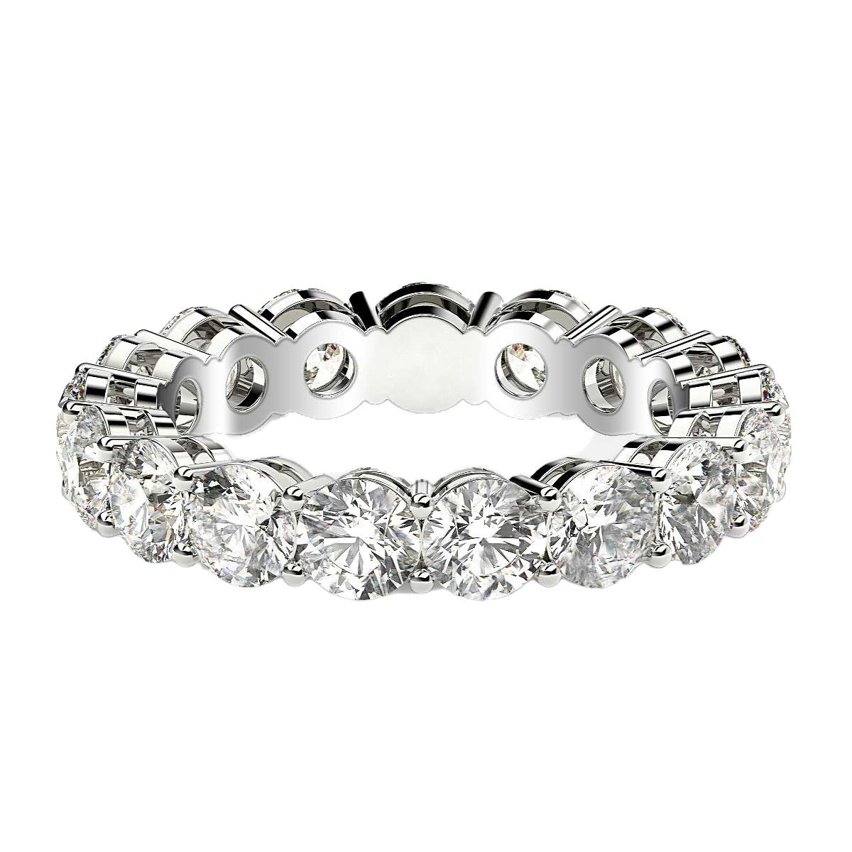 Round cut lab grown diamond eternity ring in 14k white gold with common prong setting.