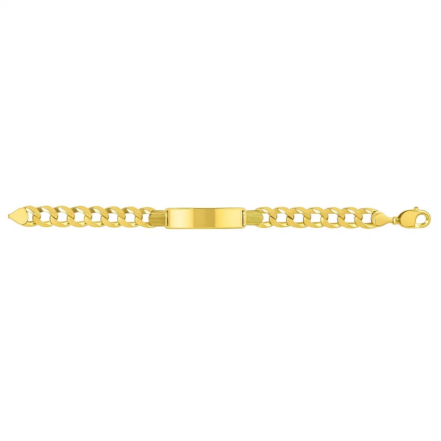 14k yellow gold curb ID bracelet with a polished rectangular plate and lobster clasp.