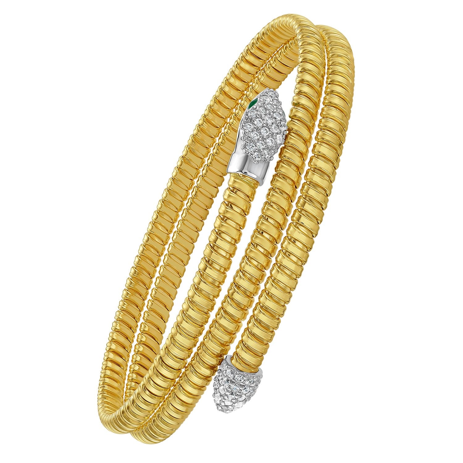 14K yellow gold snake-style tubogas bangle with diamond-encrusted ends and green accents.