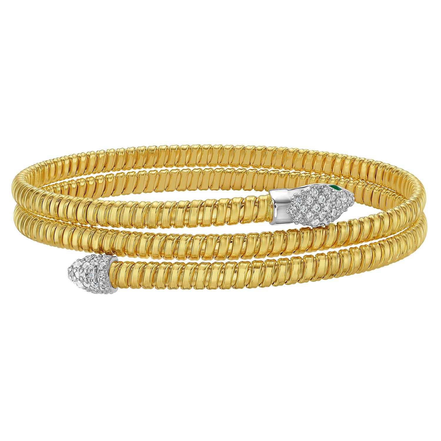 14K yellow gold snake-style tubogas bangle with diamond-encrusted snake heads.