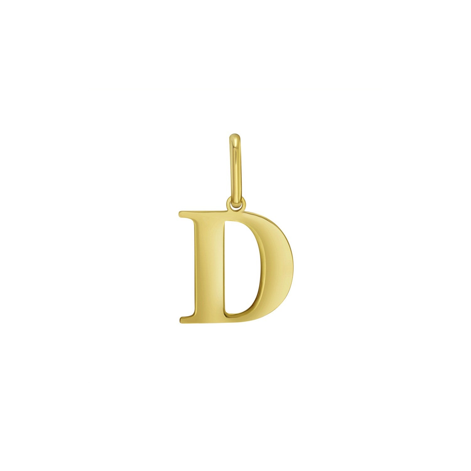 14K yellow gold initial D charm pendant with a polished finish.