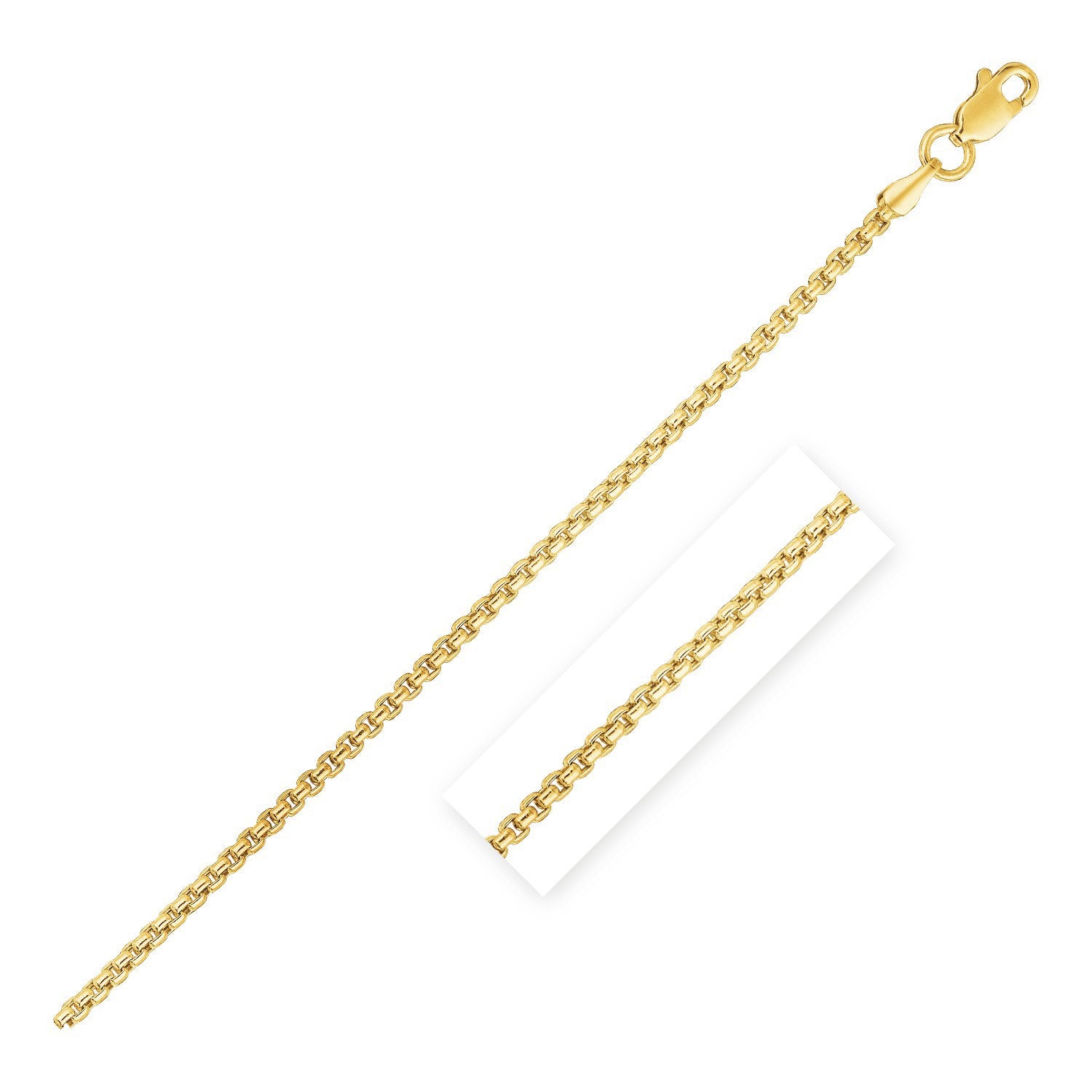 14k yellow gold round box chain with a lobster clasp.