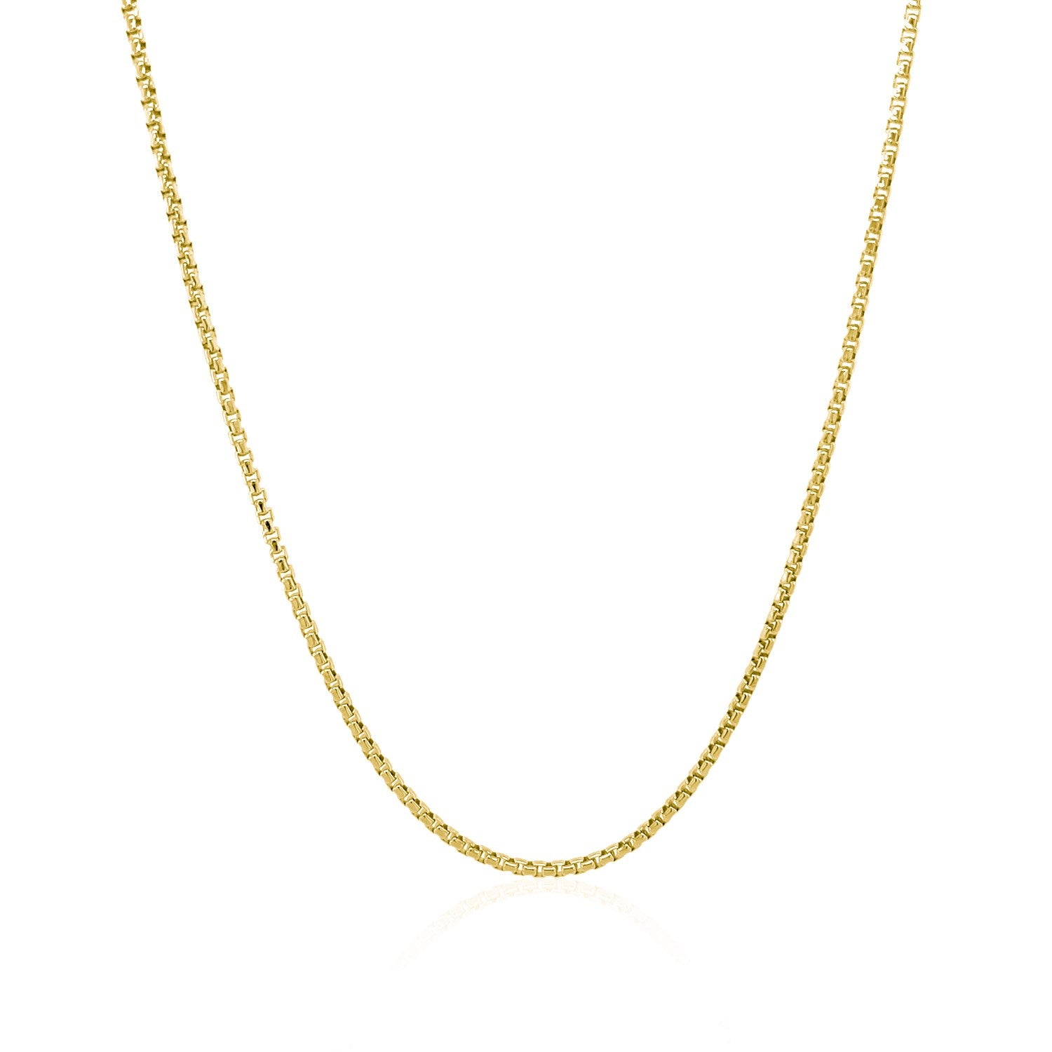 A 14k yellow gold round box chain with a lobster clasp.