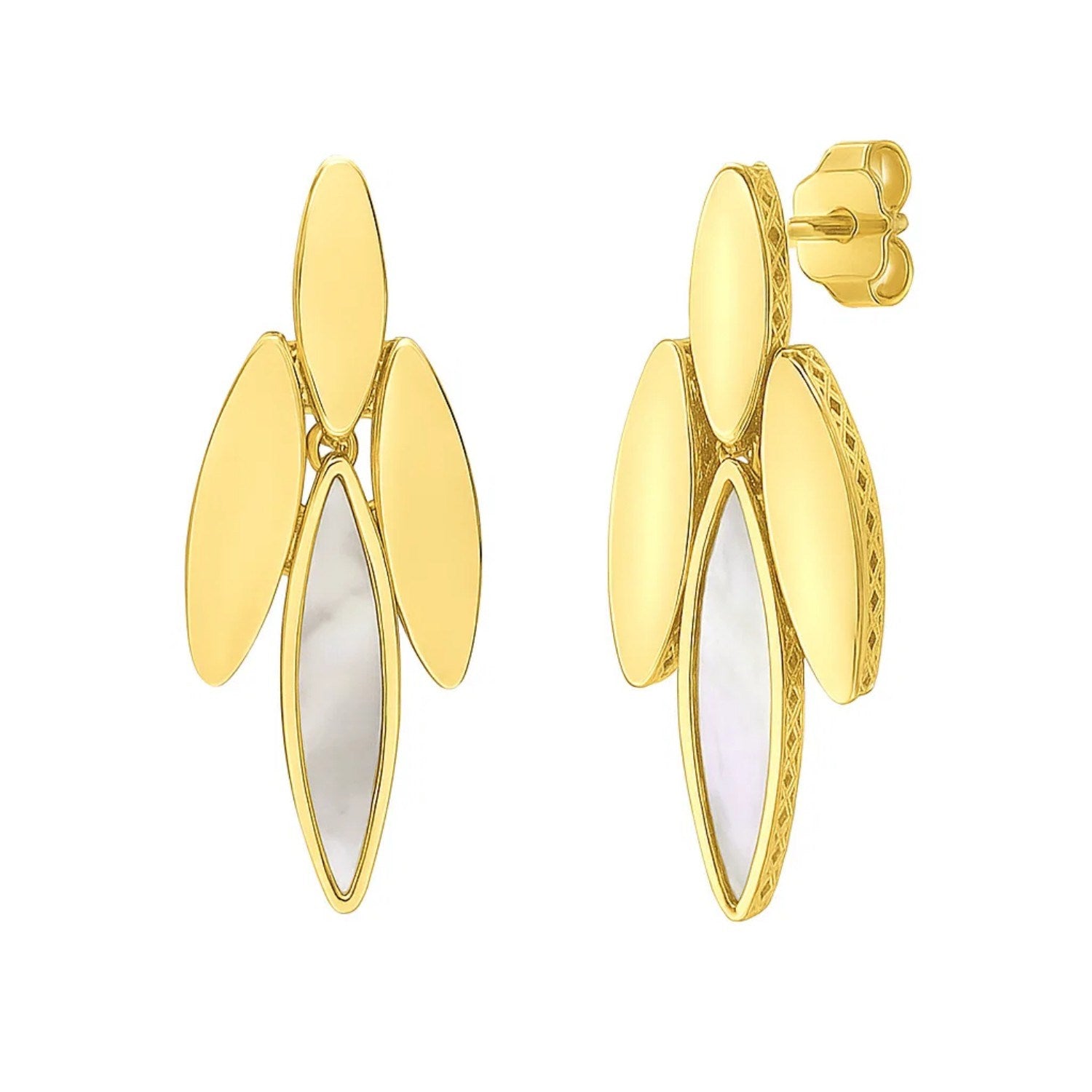 14K yellow gold dangling earrings with mother-of-pearl drops and push back clasps.