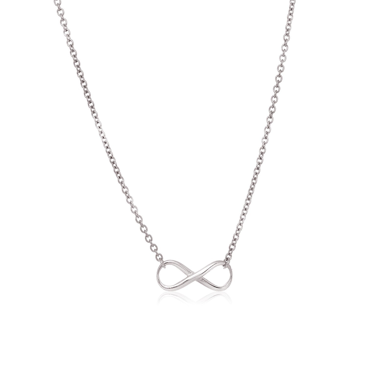 Sterling silver infinity symbol necklace with a cable chain.
