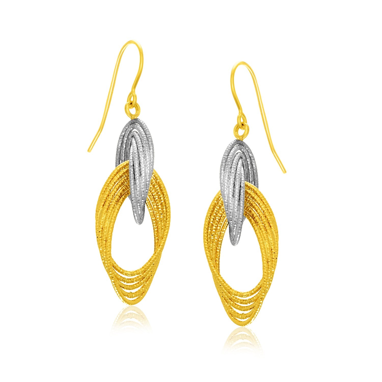 14k two-tone gold interlaced multiple row earrings with French wires.