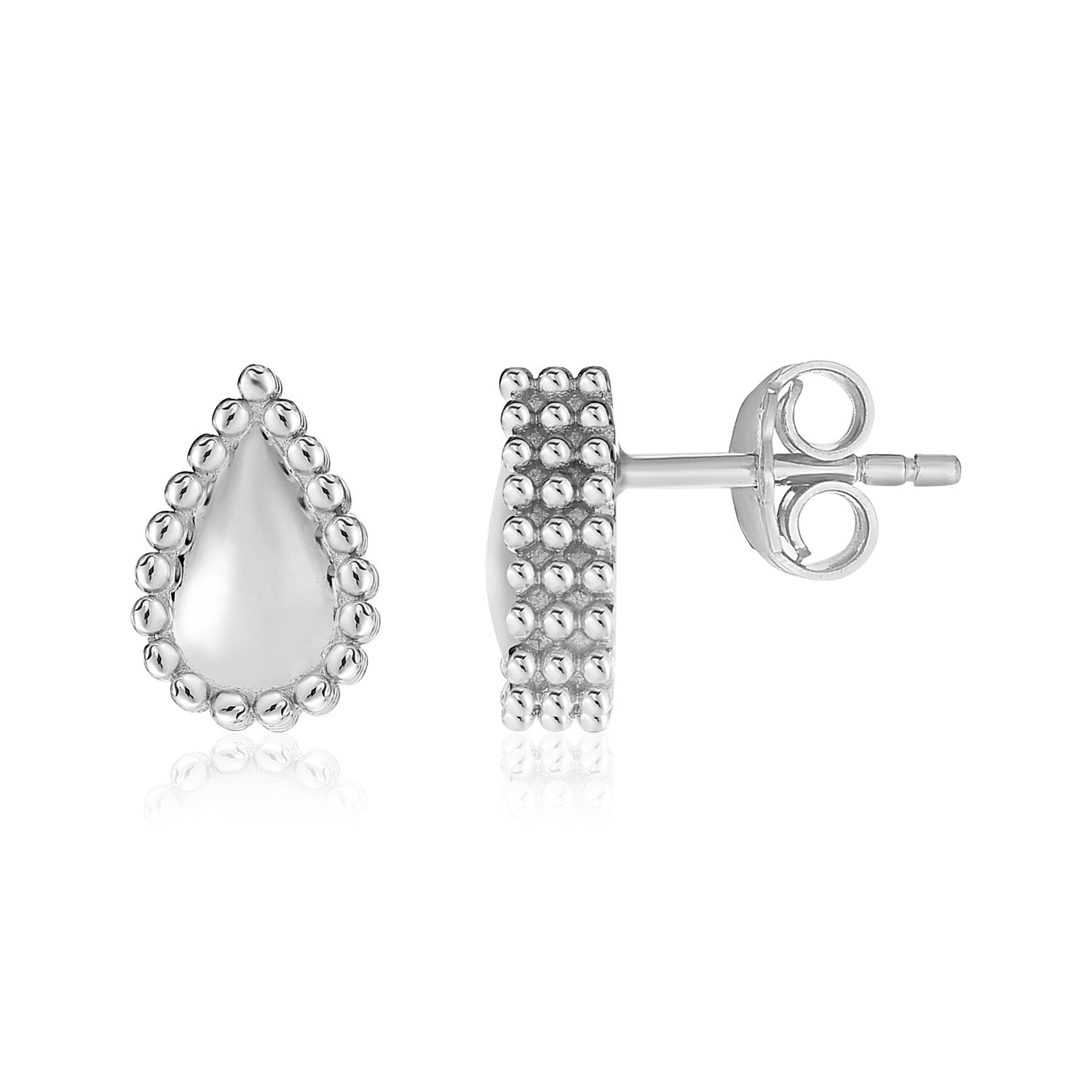 Sterling silver beaded teardrop earrings with a pushback clasp.