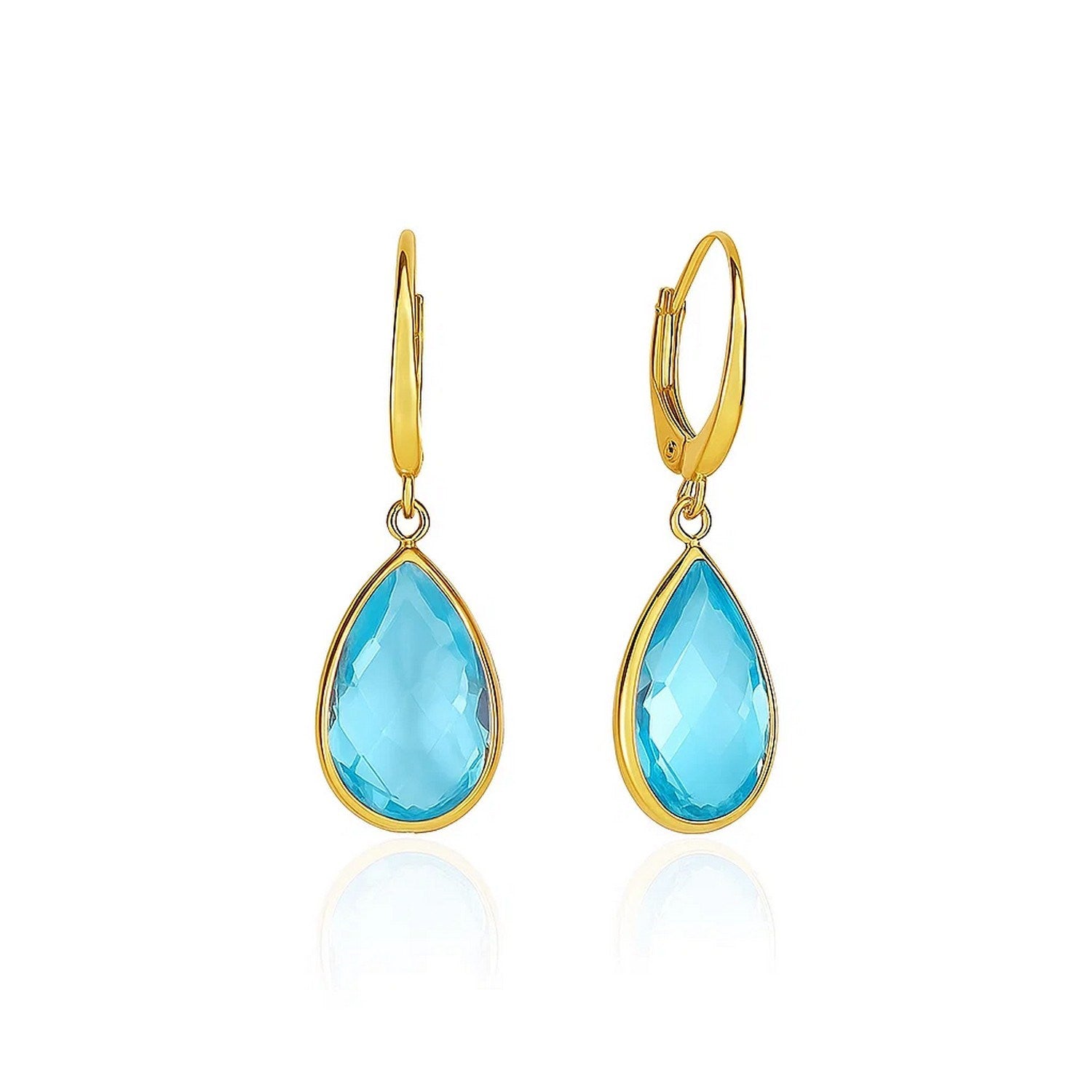 14k yellow gold drop earrings with pear-shaped blue topaz briolettes and lever backs.