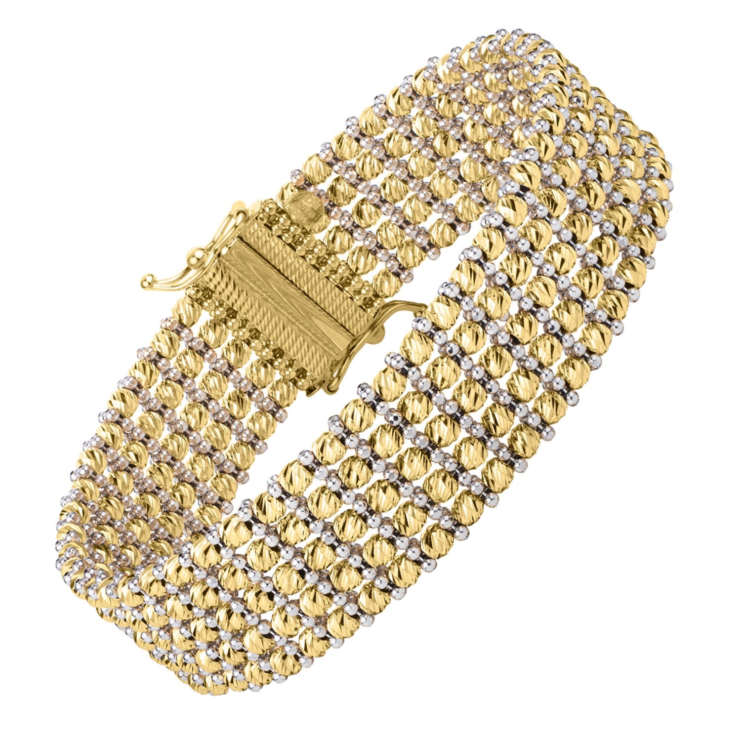 A two-tone gold bracelet with multiple rows of textured and smooth beads.