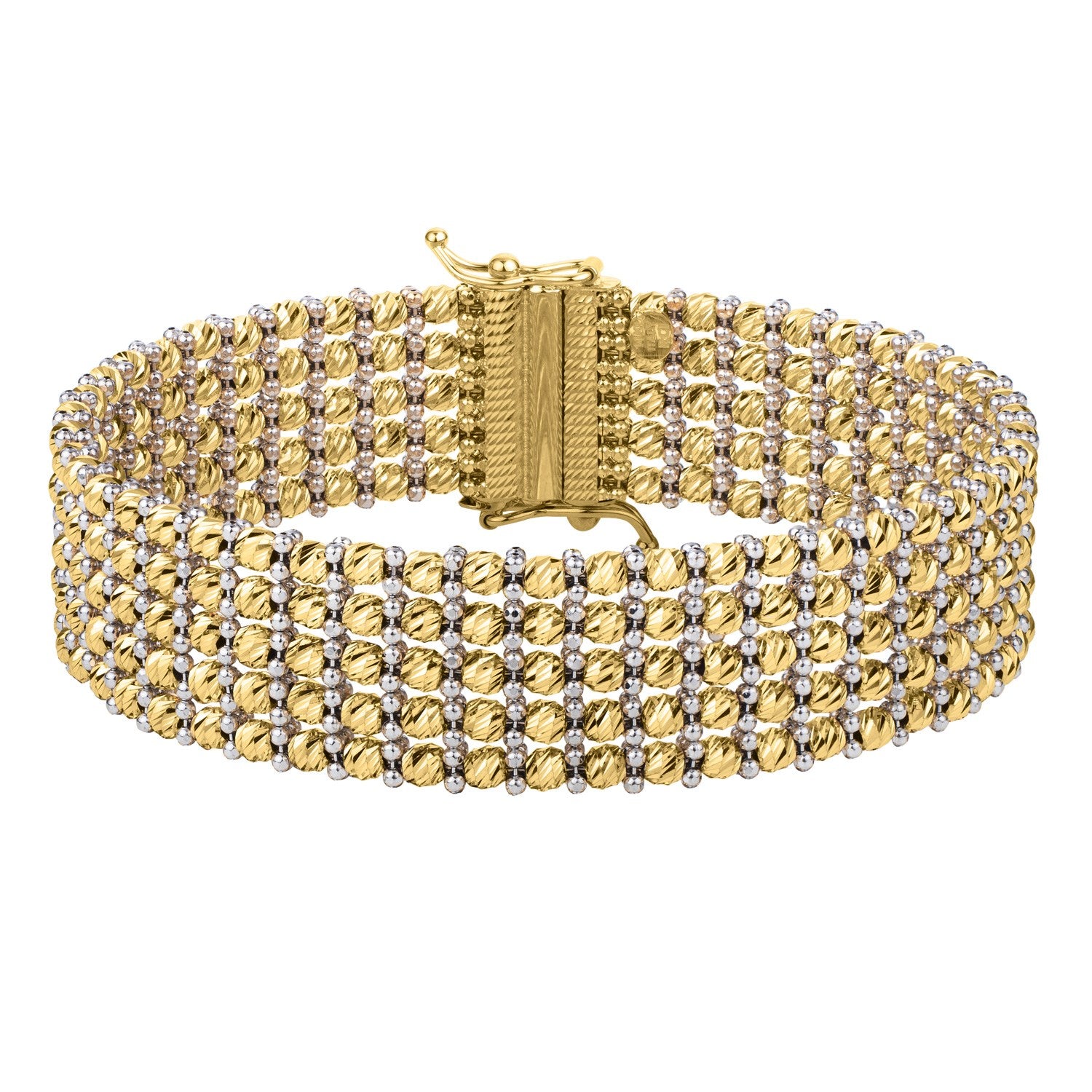 A two-tone gold bracelet with multiple rows of textured and smooth beads.
