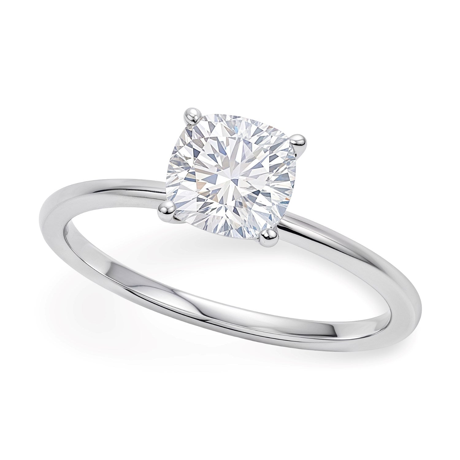 A 14K white gold solitaire ring with a cushion-cut lab-grown diamond.