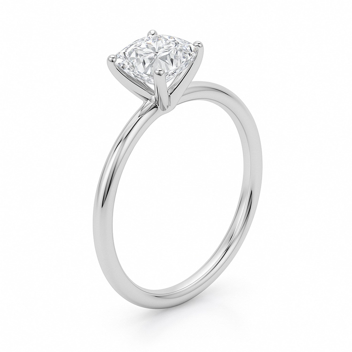 1 carat cushion lab grown diamond solitaire ring in 14K white gold.