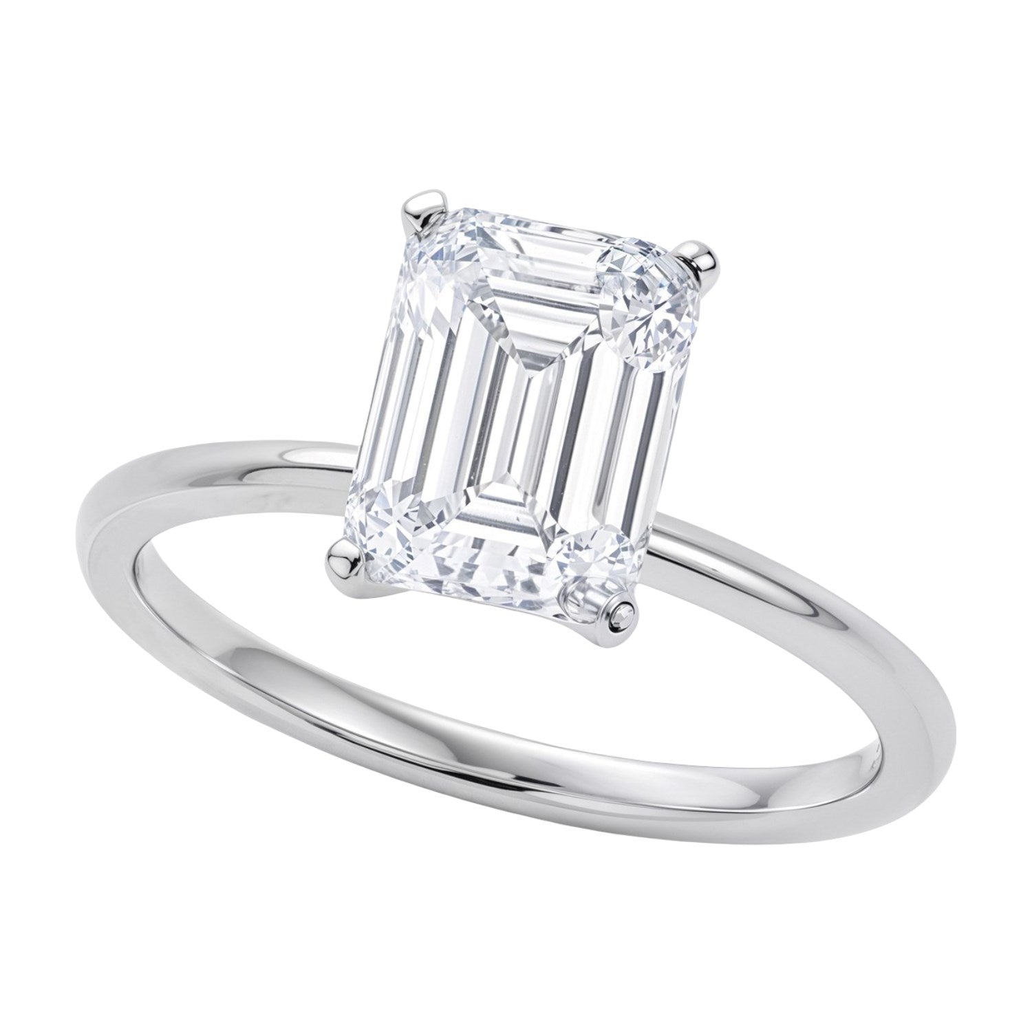A 10K white gold solitaire ring with a 3 carat emerald lab-grown diamond.
